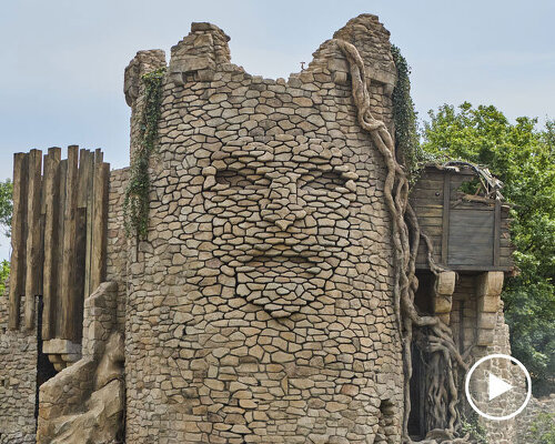 kinetic sculpture outlines moving face onto tower's stonework in french theme park
